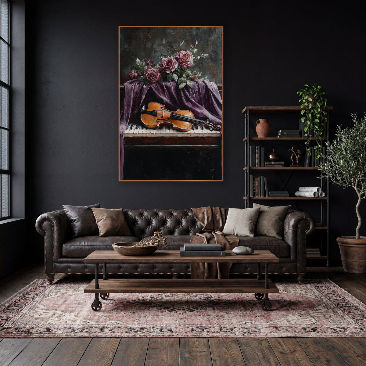 Violin Draped Roses Moody wall art in a moody dark academia room – amber violin lying on piano keys under draped plum