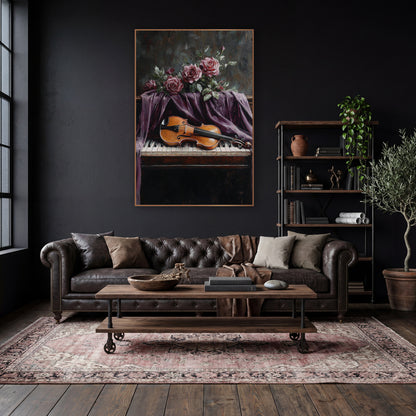 Violin Draped Roses Moody wall art in a moody dark academia room – amber violin lying on piano keys under draped plum