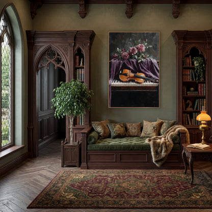 Violin Draped Roses Moody wall art in a moody dark academia room – amber violin lying on piano keys under draped plum