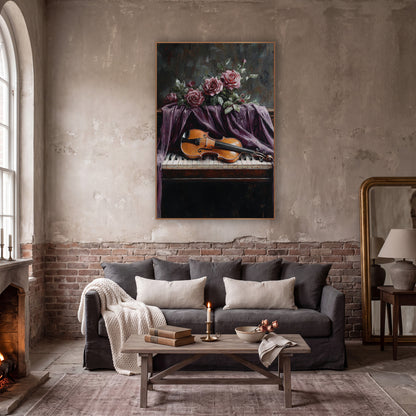 Violin Draped Roses Moody wall art in a moody dark academia room – amber violin lying on piano keys under draped plum