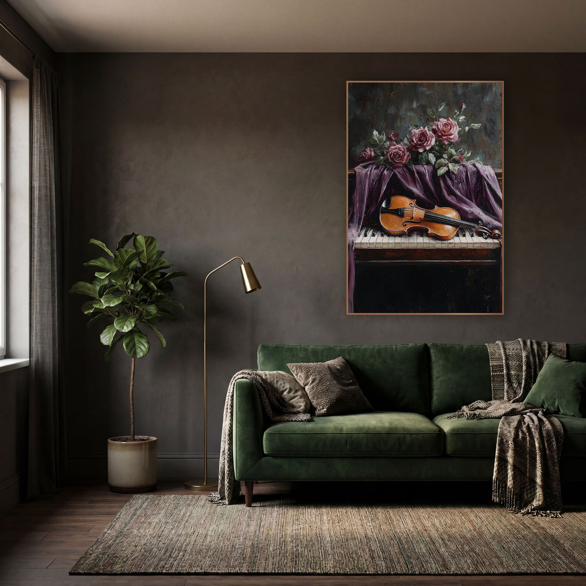 Violin Draped Roses Moody wall art in a moody dark academia room – amber violin lying on piano keys under draped plum