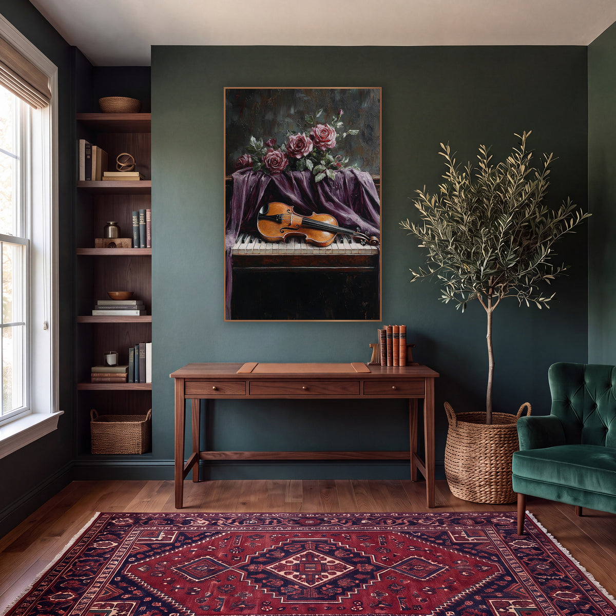 Violin Draped Roses Moody wall art in a moody dark academia room – amber violin lying on piano keys under draped plum