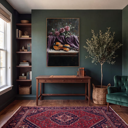 Violin Draped Roses Moody wall art in a moody dark academia room – amber violin lying on piano keys under draped plum