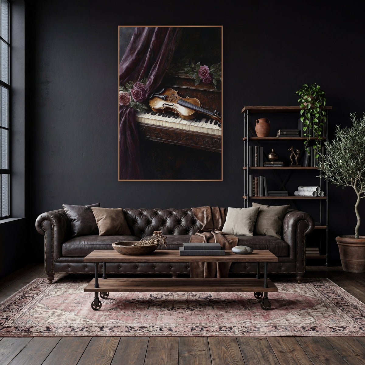 Violin Curtain Keys Vintage wall art in a moody dark academia room – golden violin lying on piano keys beside dusky