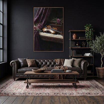 Violin Curtain Keys Vintage wall art in a moody dark academia room – golden violin lying on piano keys beside dusky