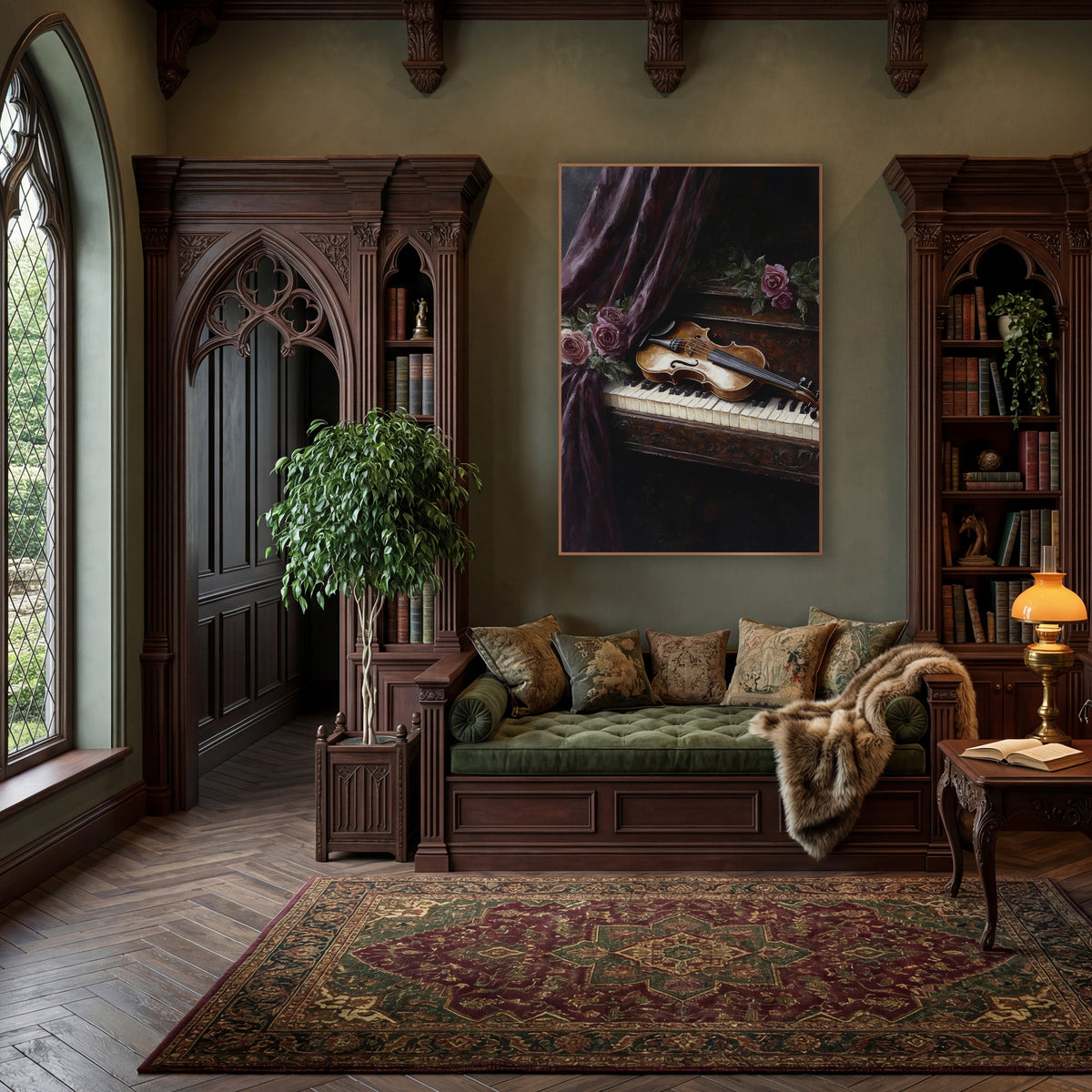 Violin Curtain Keys Vintage wall art in a moody dark academia room – golden violin lying on piano keys beside dusky