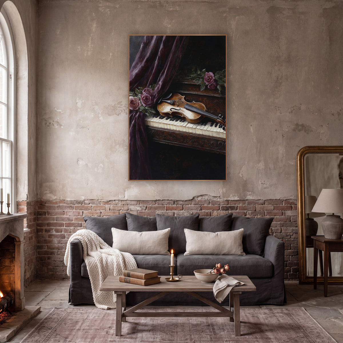 Violin Curtain Keys Vintage wall art in a moody dark academia room – golden violin lying on piano keys beside dusky