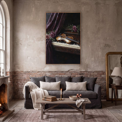 Violin Curtain Keys Vintage wall art in a moody dark academia room – golden violin lying on piano keys beside dusky