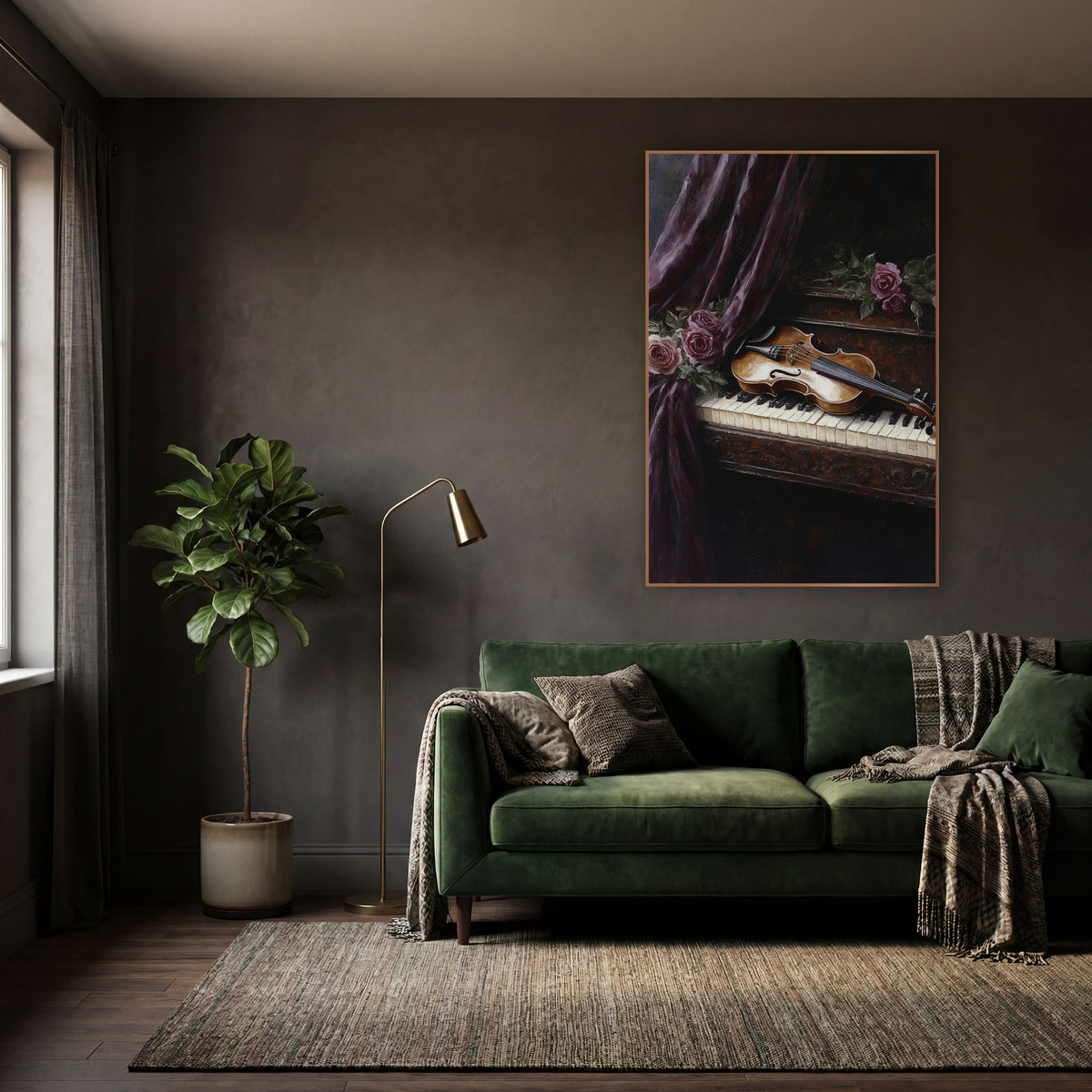 Violin Curtain Keys Vintage wall art in a moody dark academia room – golden violin lying on piano keys beside dusky