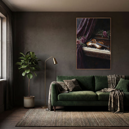 Violin Curtain Keys Vintage wall art in a moody dark academia room – golden violin lying on piano keys beside dusky