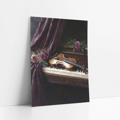 Violin Curtain Keys Vintage art print leaning against a white wall – golden violin lying on piano keys beside dusky pink