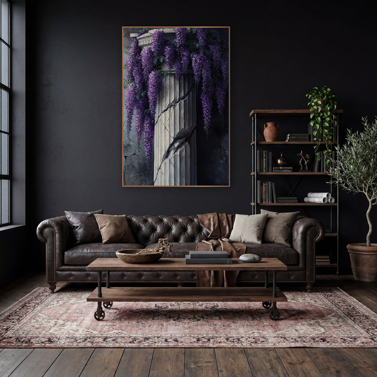 Violet Wisteria Fluted Pillar Gothic wall art in a moody dark academia room – purple wisteria clusters hanging