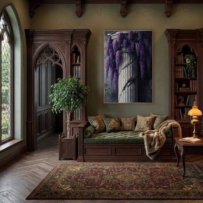 Violet Wisteria Fluted Pillar Gothic wall art in a moody dark academia room – purple wisteria clusters hanging