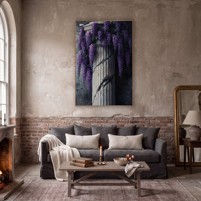 Violet Wisteria Fluted Pillar Gothic wall art in a moody dark academia room – purple wisteria clusters hanging