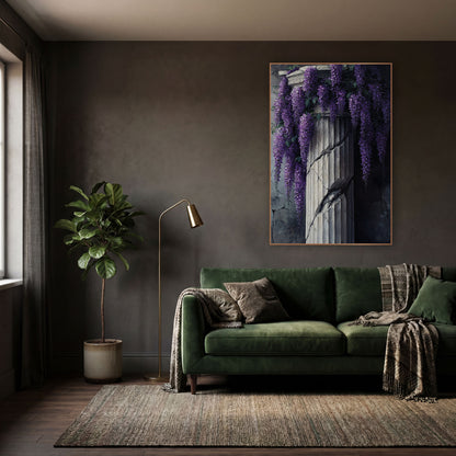 Violet Wisteria Fluted Pillar Gothic wall art in a moody dark academia room – purple wisteria clusters hanging