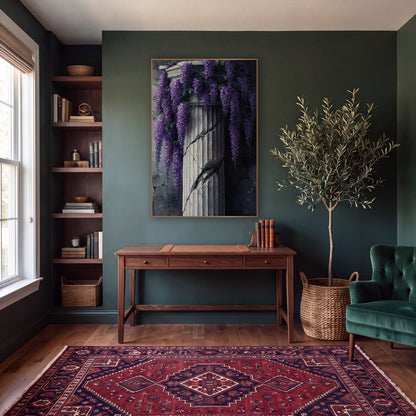 Violet Wisteria Fluted Pillar Gothic wall art in a moody dark academia room – purple wisteria clusters hanging