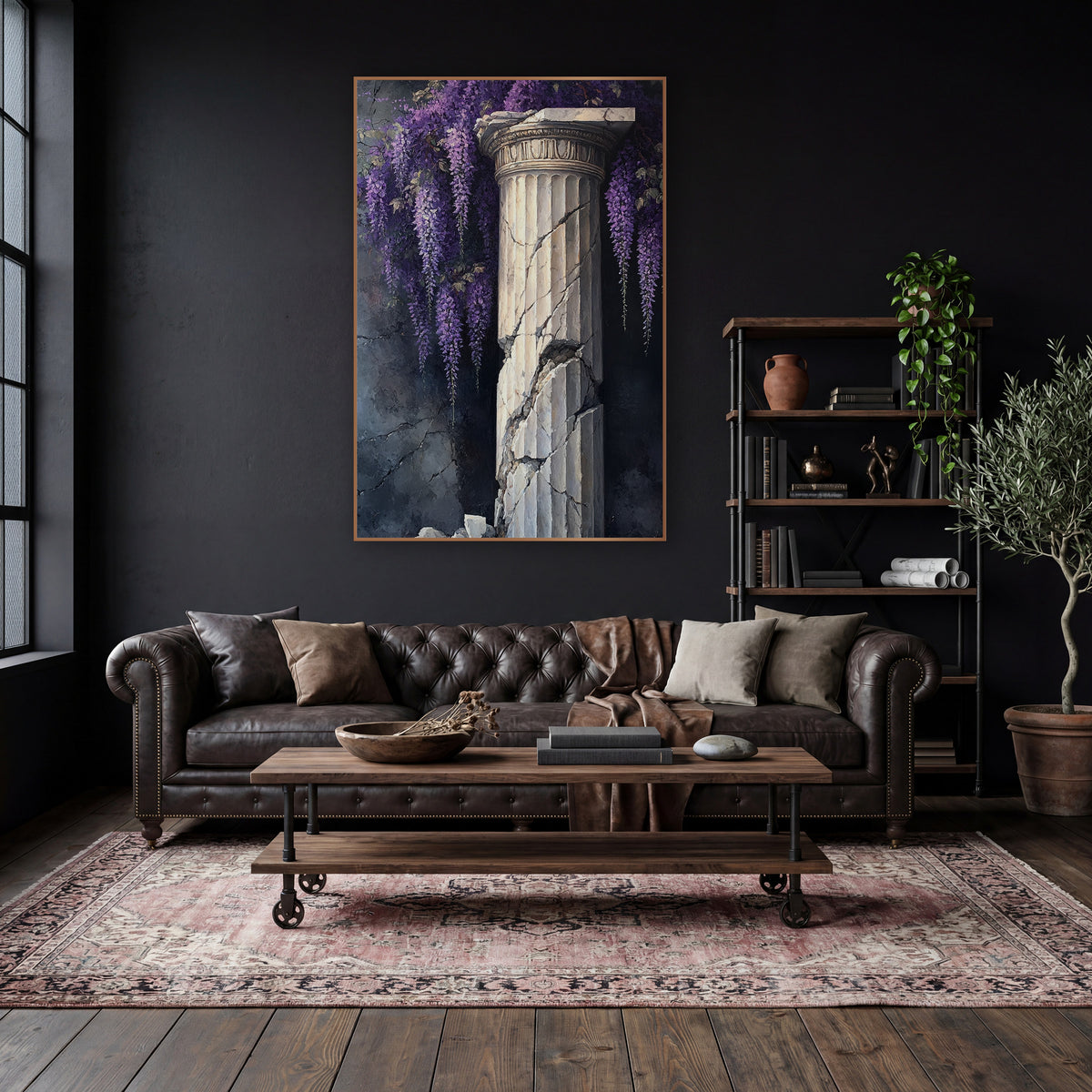 Shattered Fluted Column Wisteria Gothic wall art in a moody dark academia room – purple wisteria clusters hanging