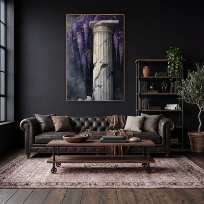 Shattered Fluted Column Wisteria Gothic wall art in a moody dark academia room – purple wisteria clusters hanging