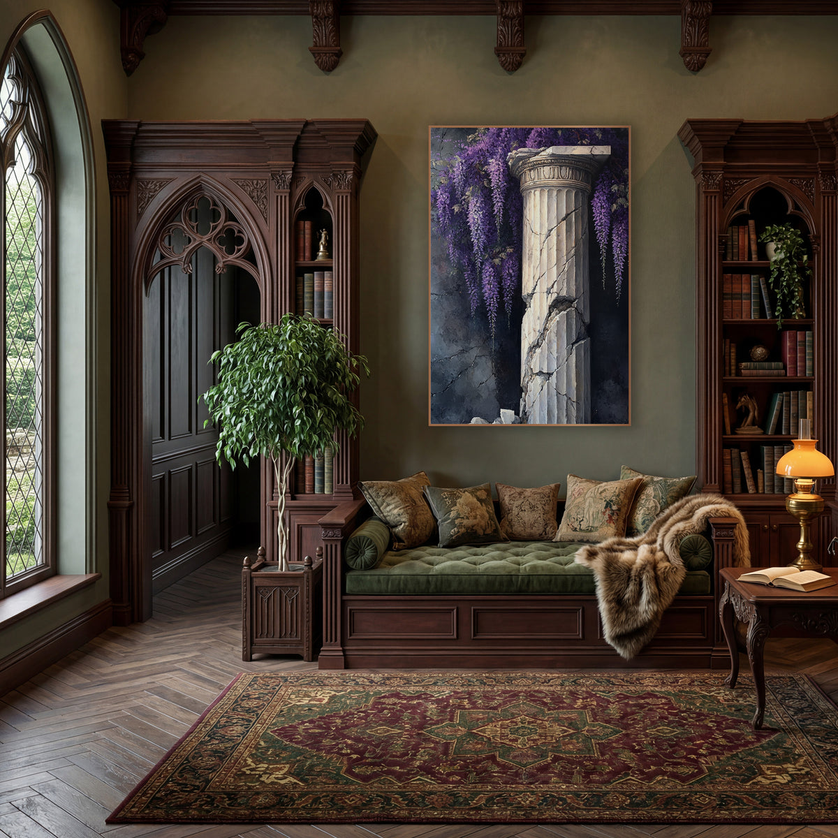 Shattered Fluted Column Wisteria Gothic wall art in a moody dark academia room – purple wisteria clusters hanging