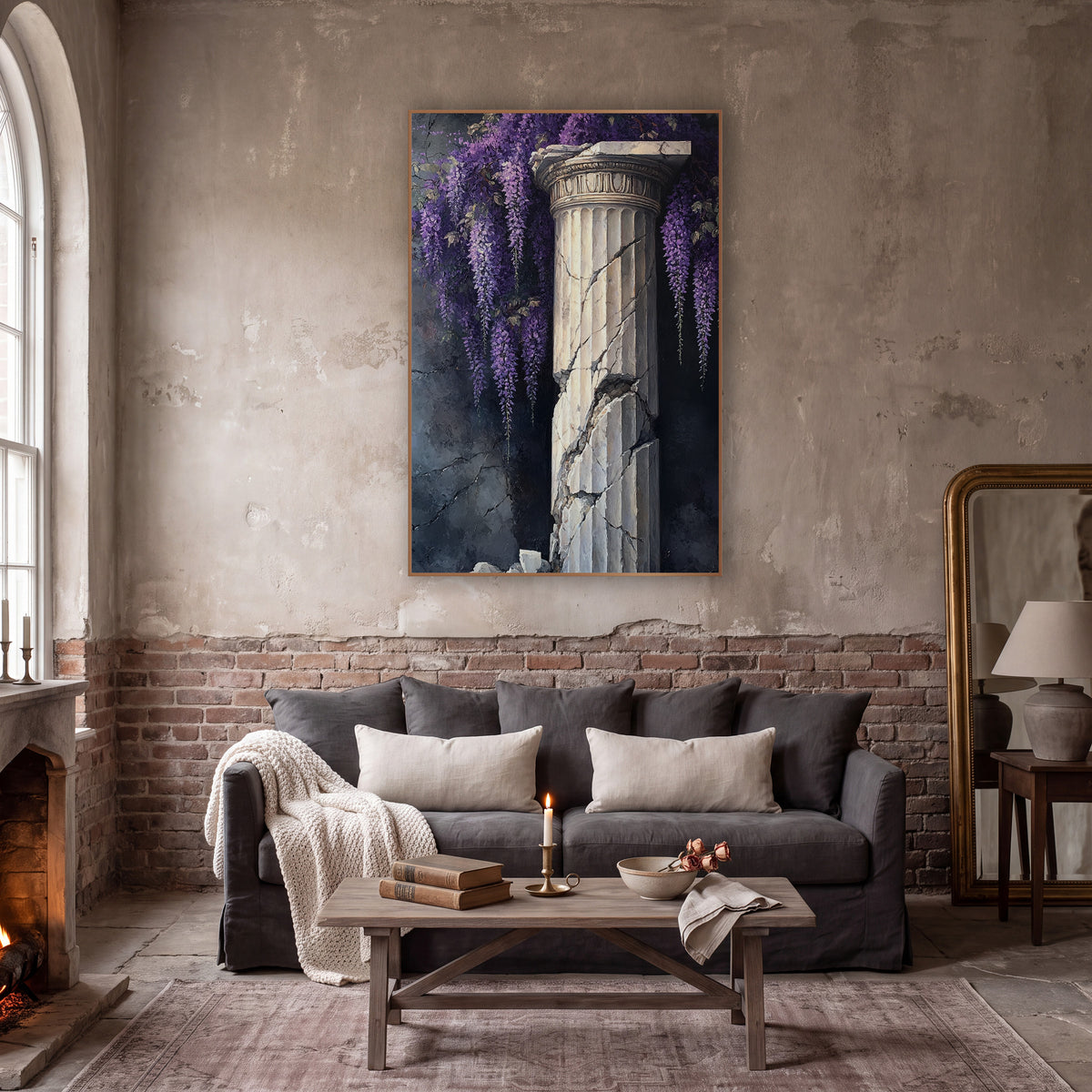 Shattered Fluted Column Wisteria Gothic wall art in a moody dark academia room – purple wisteria clusters hanging
