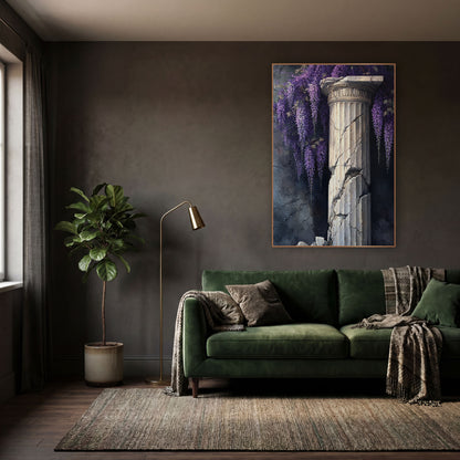 Shattered Fluted Column Wisteria Gothic wall art in a moody dark academia room – purple wisteria clusters hanging