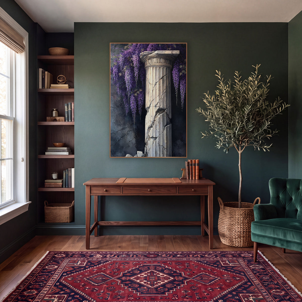 Shattered Fluted Column Wisteria Gothic wall art in a moody dark academia room – purple wisteria clusters hanging
