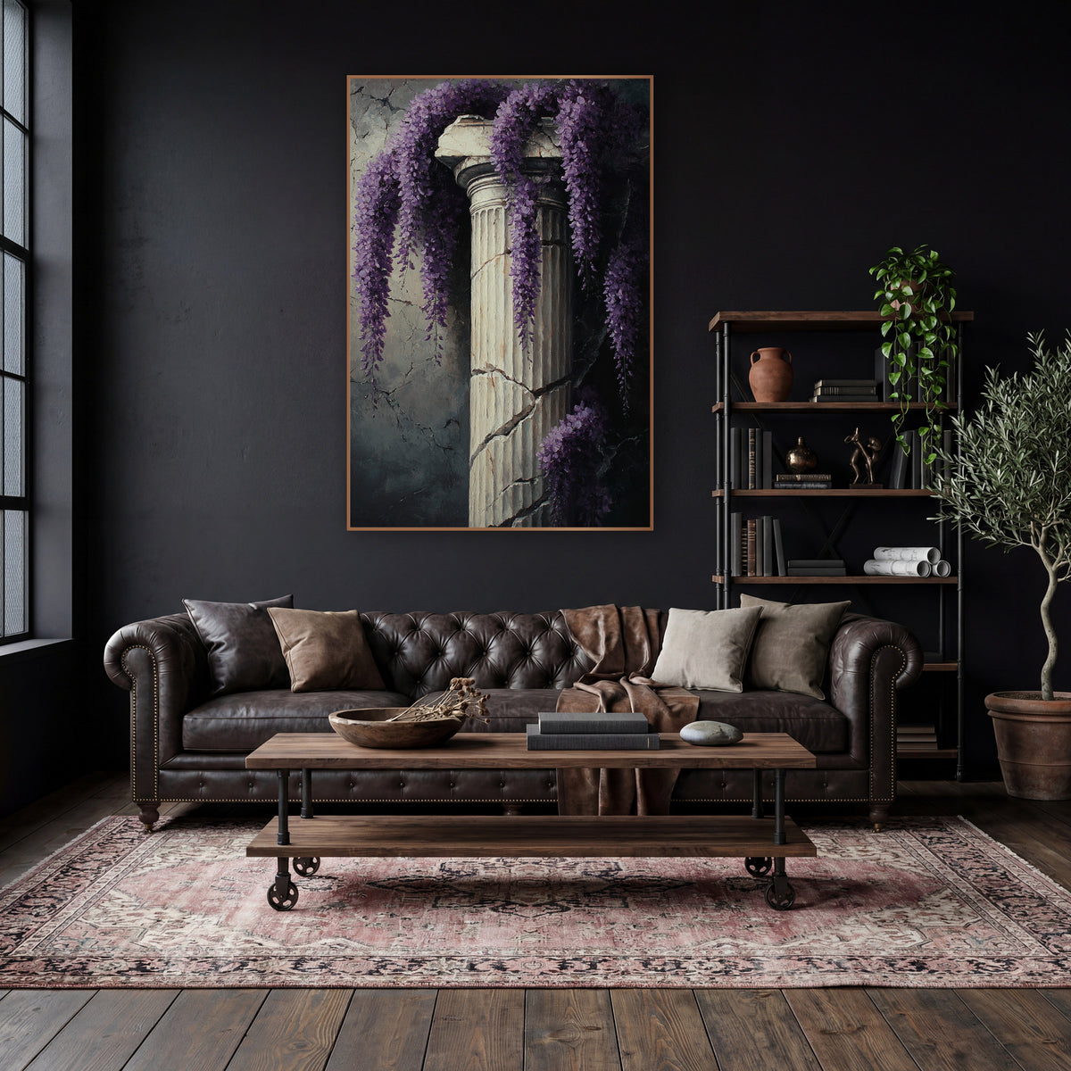 Draped Wisteria Ivory Pillar Classic wall art in a moody dark academia room – hanging purple wisteria clusters draped