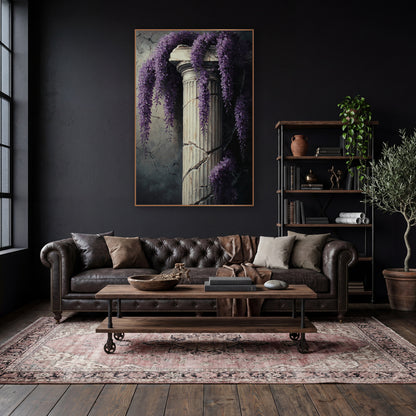 Draped Wisteria Ivory Pillar Classic wall art in a moody dark academia room – hanging purple wisteria clusters draped