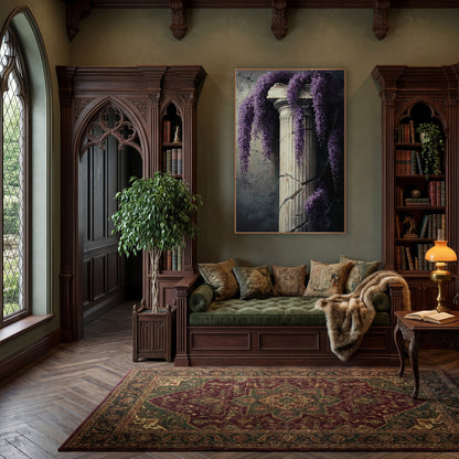 Draped Wisteria Ivory Pillar Classic wall art in a moody dark academia room – hanging purple wisteria clusters draped