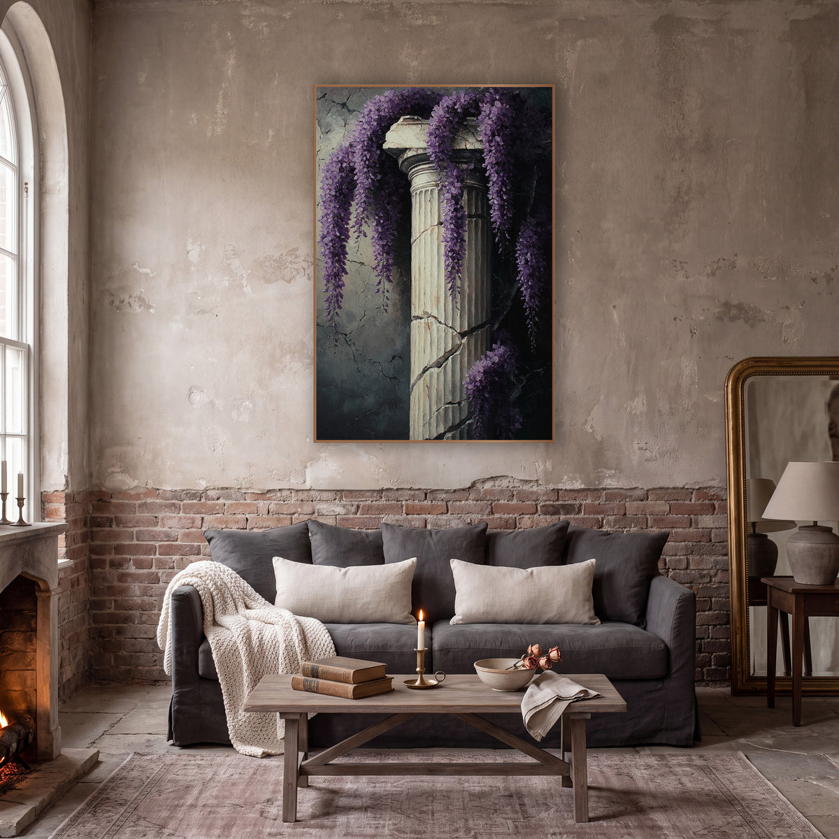Draped Wisteria Ivory Pillar Classic wall art in a moody dark academia room – hanging purple wisteria clusters draped
