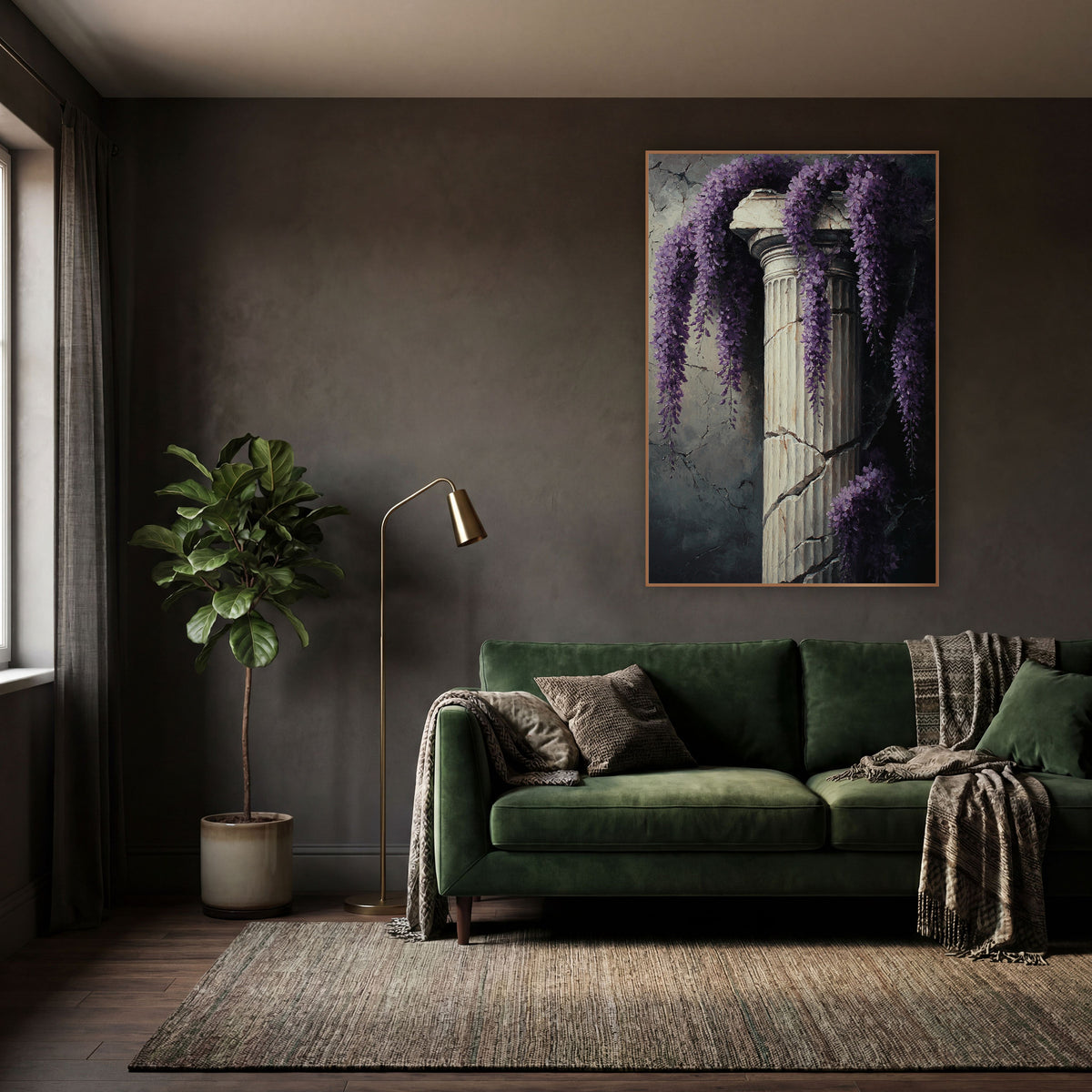 Draped Wisteria Ivory Pillar Classic wall art in a moody dark academia room – hanging purple wisteria clusters draped