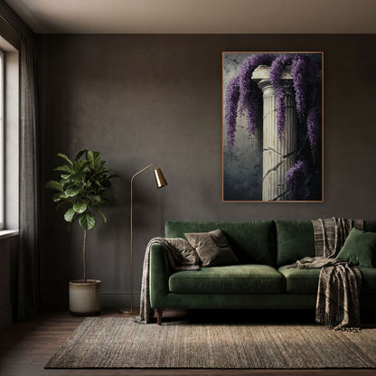 Draped Wisteria Ivory Pillar Classic wall art in a moody dark academia room – hanging purple wisteria clusters draped