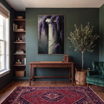 Draped Wisteria Ivory Pillar Classic wall art in a moody dark academia room – hanging purple wisteria clusters draped