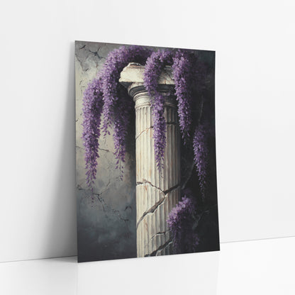 Draped Wisteria Ivory Pillar Classic art print leaning against a white wall – hanging purple wisteria clusters draped