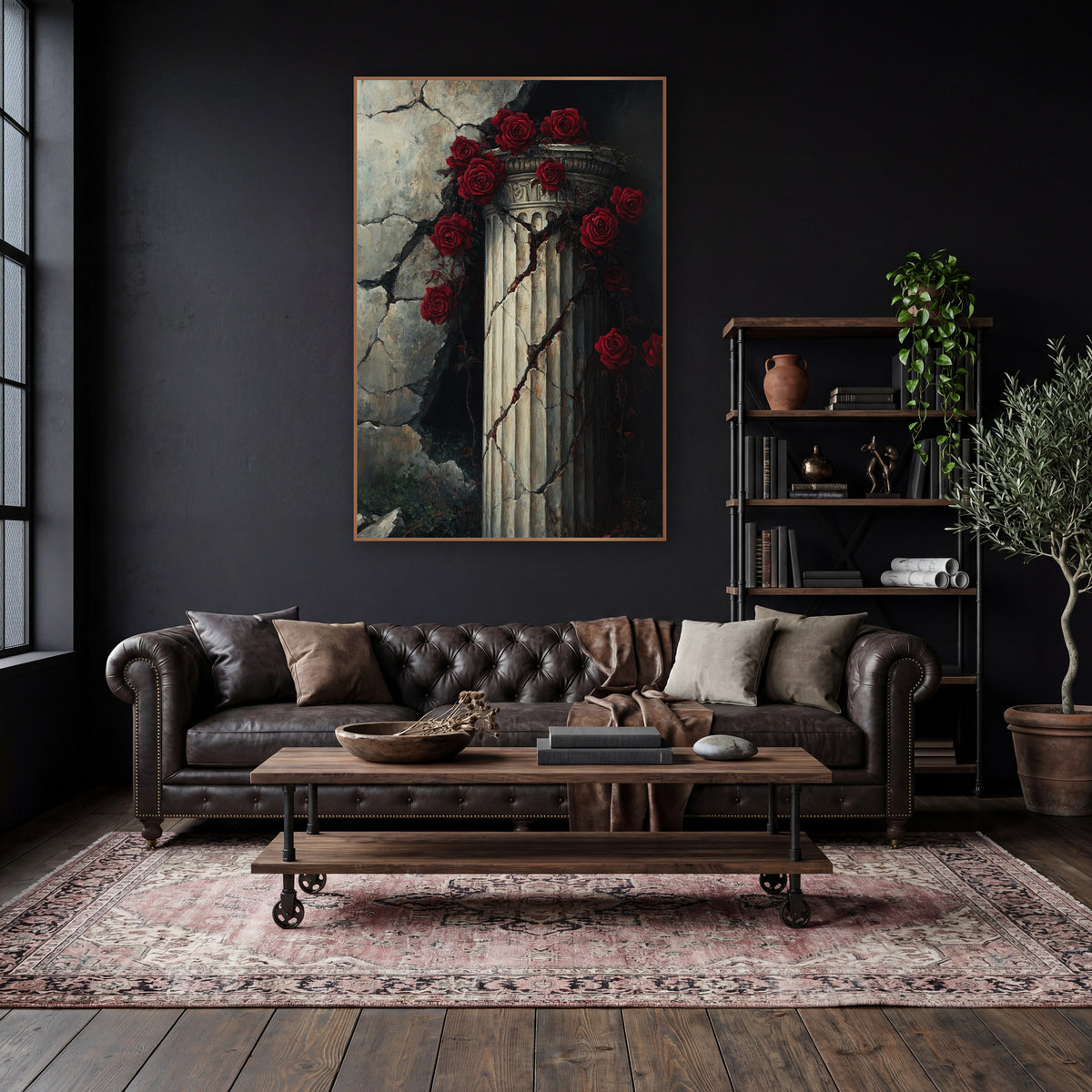 Red Rose Vines Ruined Wall Gothic wall art in a moody dark academia room – deep red roses and vines wrapped around