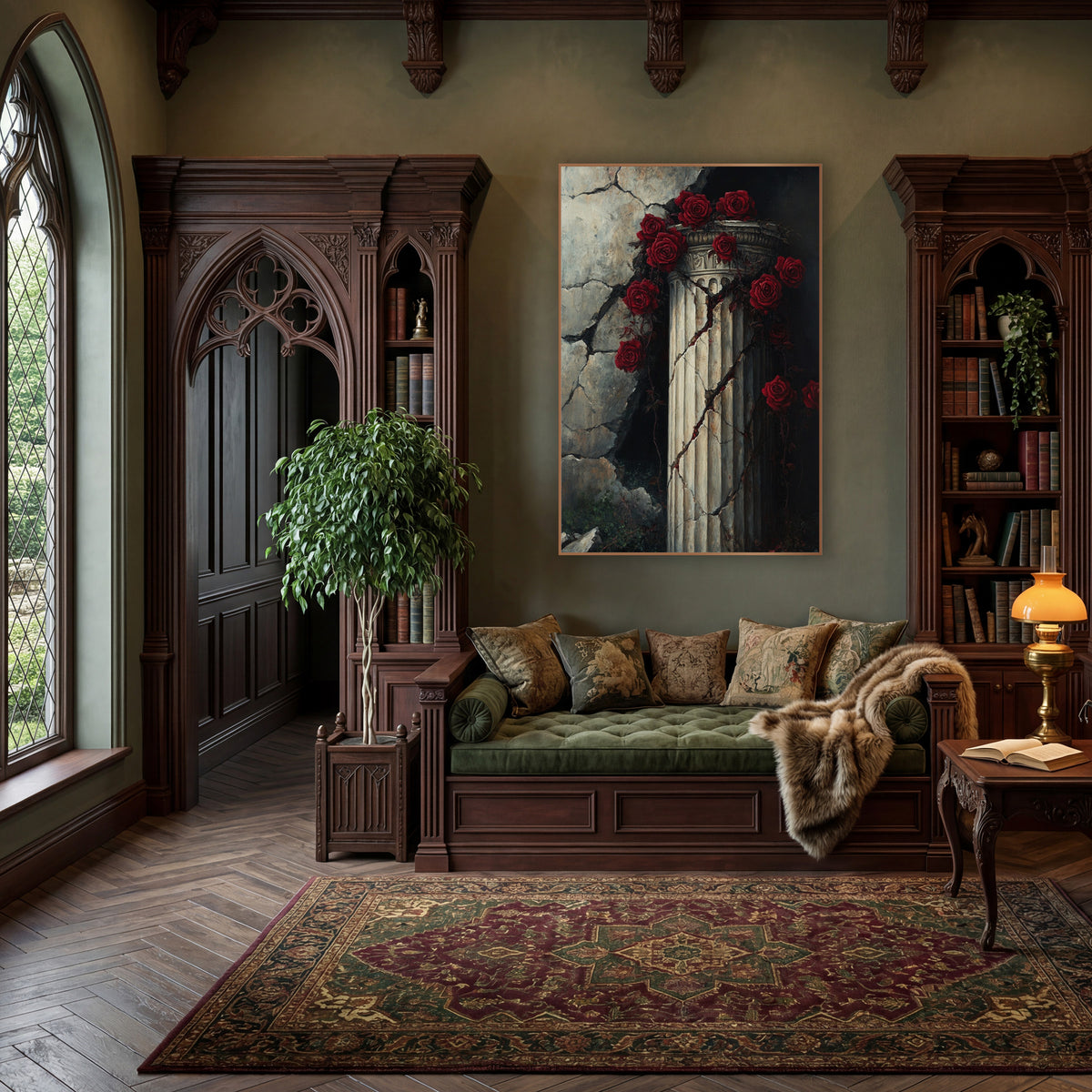 Red Rose Vines Ruined Wall Gothic wall art in a moody dark academia room – deep red roses and vines wrapped around