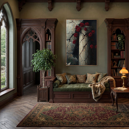Red Rose Vines Ruined Wall Gothic wall art in a moody dark academia room – deep red roses and vines wrapped around