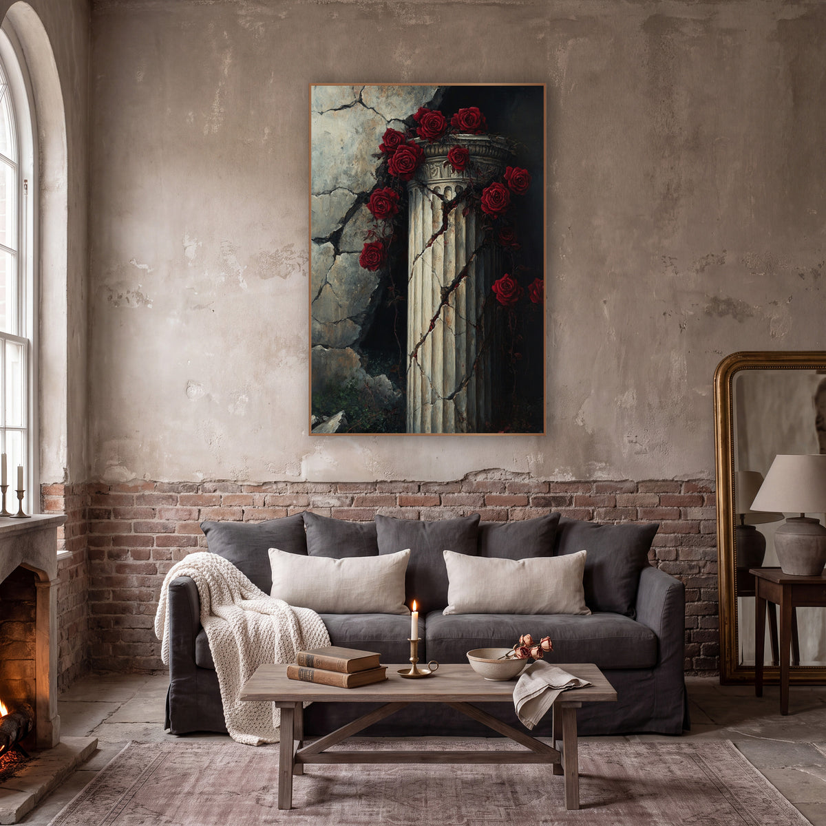 Red Rose Vines Ruined Wall Gothic wall art in a moody dark academia room – deep red roses and vines wrapped around
