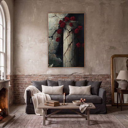 Red Rose Vines Ruined Wall Gothic wall art in a moody dark academia room – deep red roses and vines wrapped around