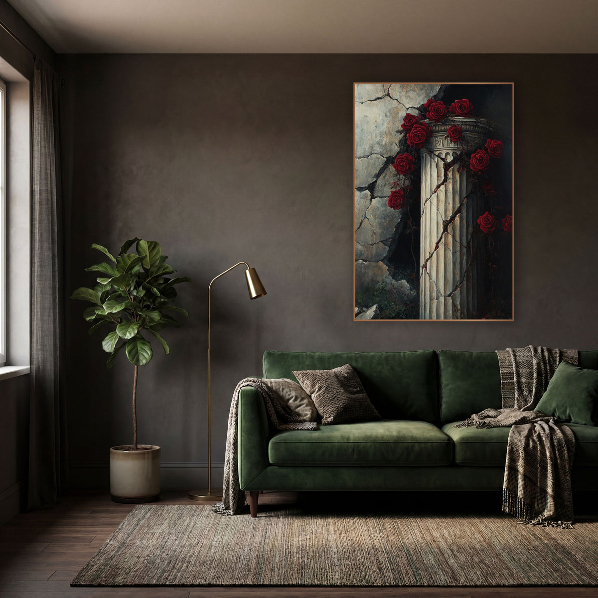 Red Rose Vines Ruined Wall Gothic wall art in a moody dark academia room – deep red roses and vines wrapped around