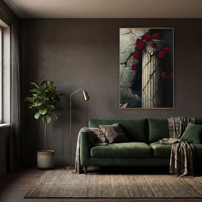 Red Rose Vines Ruined Wall Gothic wall art in a moody dark academia room – deep red roses and vines wrapped around