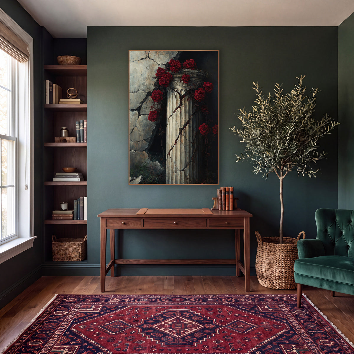 Red Rose Vines Ruined Wall Gothic wall art in a moody dark academia room – deep red roses and vines wrapped around
