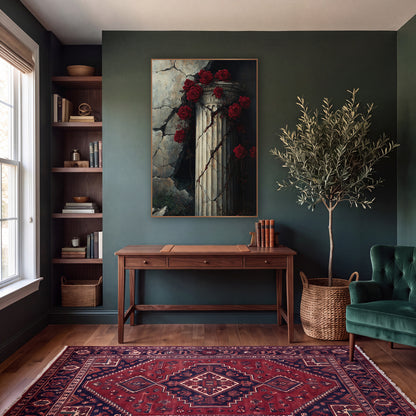 Red Rose Vines Ruined Wall Gothic wall art in a moody dark academia room – deep red roses and vines wrapped around