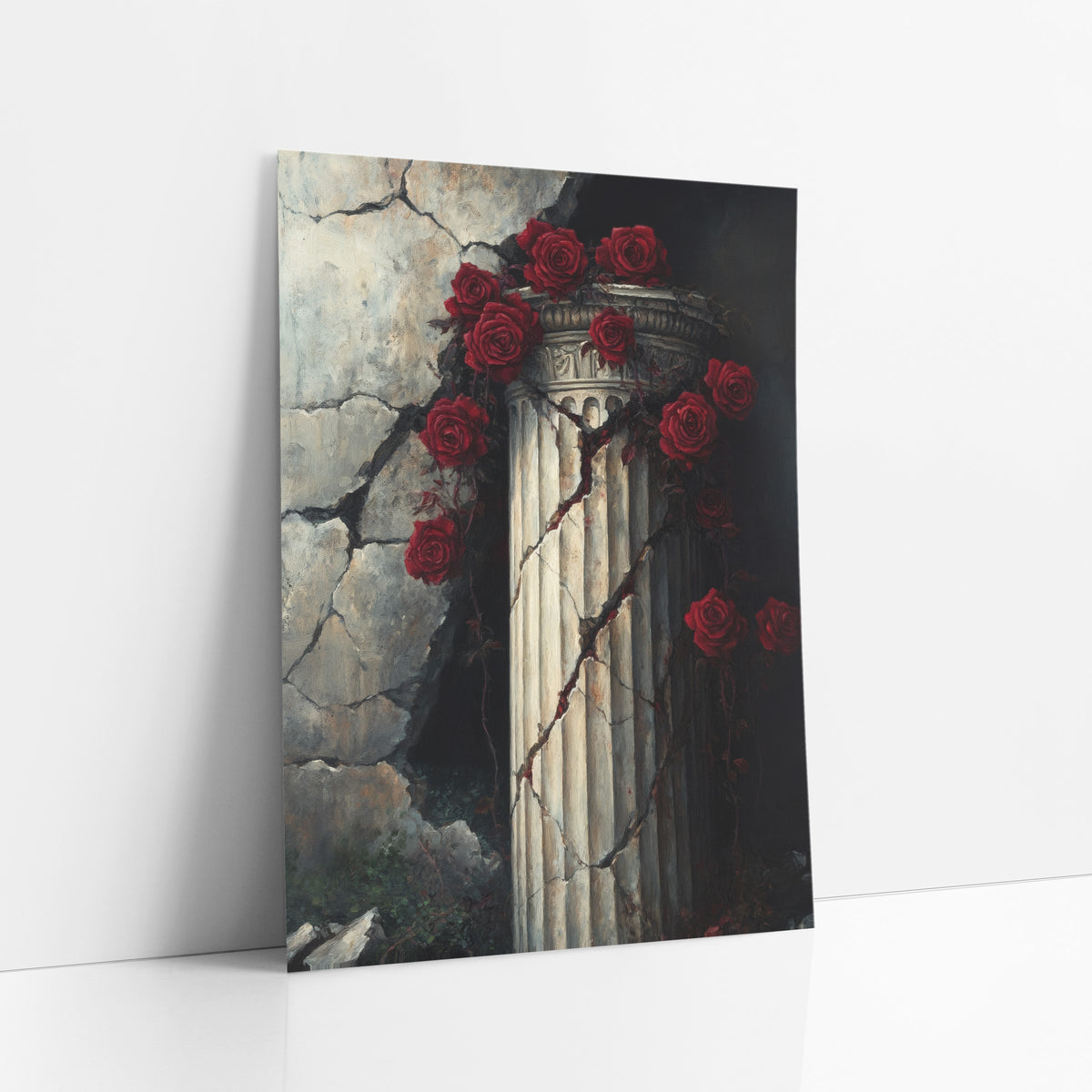 Red Rose Vines Ruined Wall Gothic art print leaning against a white wall – deep red roses and vines wrapped around a cracked