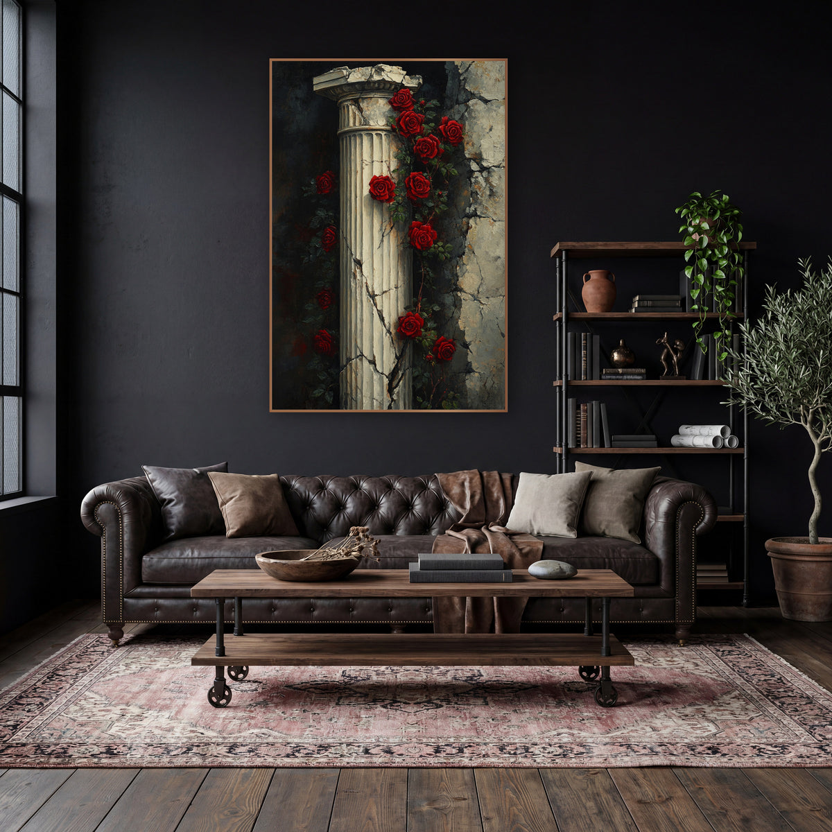Twin Rose Vines Column Moody wall art in a moody dark academia room – red roses climbing a cracked fluted stone column