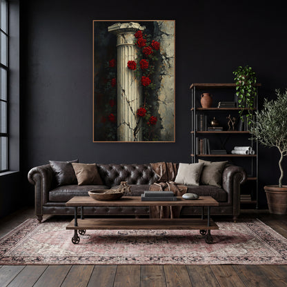 Twin Rose Vines Column Moody wall art in a moody dark academia room – red roses climbing a cracked fluted stone column