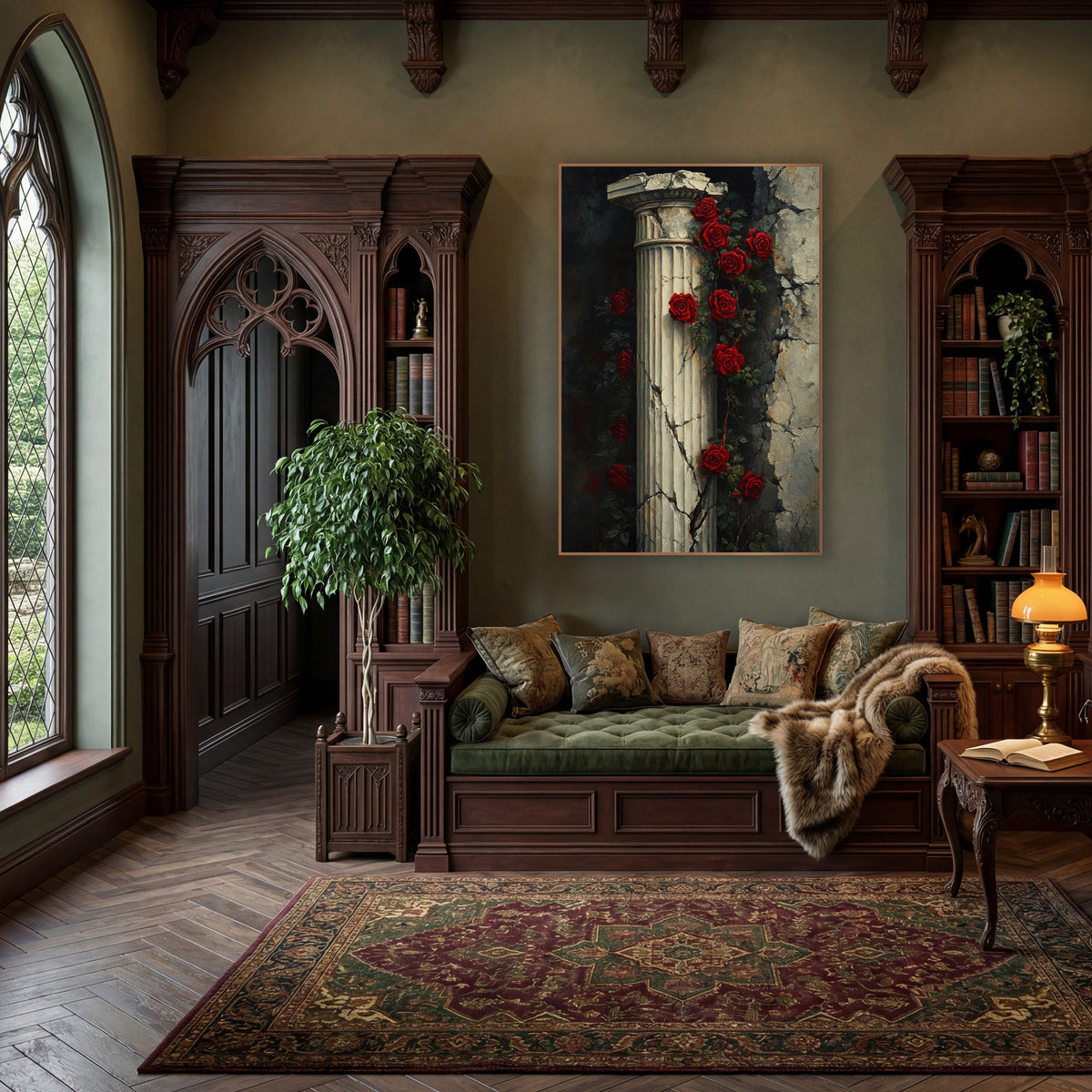 Twin Rose Vines Column Moody wall art in a moody dark academia room – red roses climbing a cracked fluted stone column