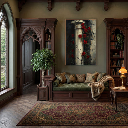 Twin Rose Vines Column Moody wall art in a moody dark academia room – red roses climbing a cracked fluted stone column