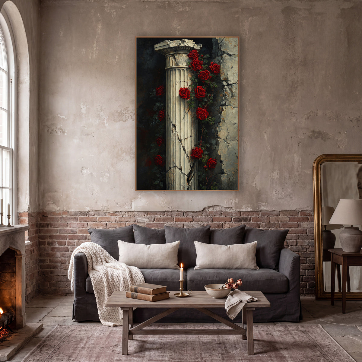 Twin Rose Vines Column Moody wall art in a moody dark academia room – red roses climbing a cracked fluted stone column