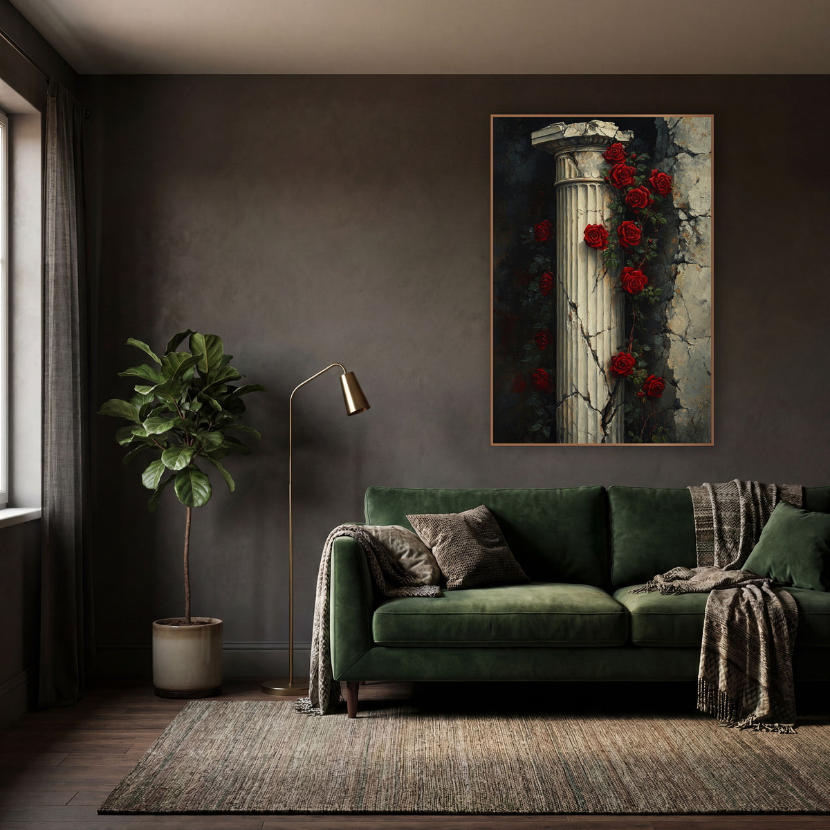 Twin Rose Vines Column Moody wall art in a moody dark academia room – red roses climbing a cracked fluted stone column